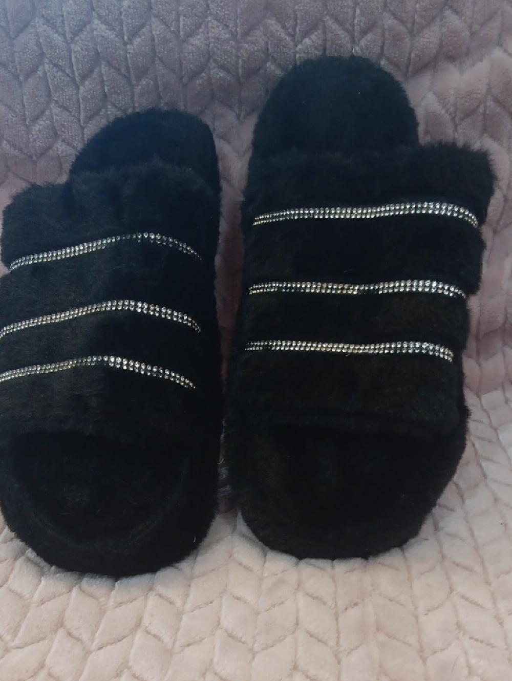 Black Faux Fur Slide Slippers with Rhinestones